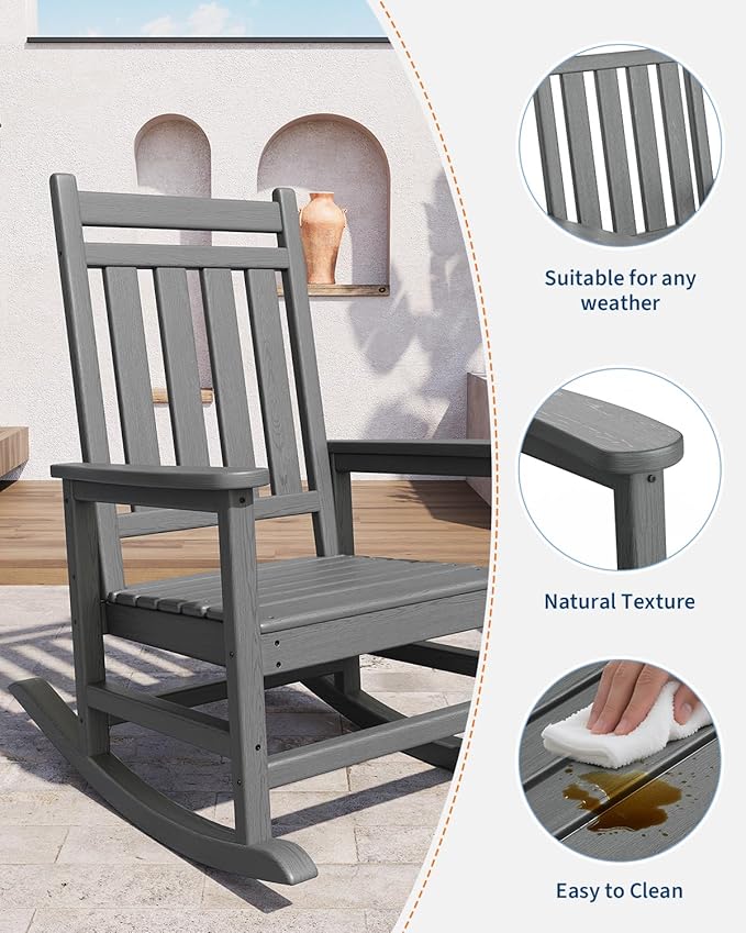 GarveeLife Poly Lumber Rocking Chair Outdoor Set of 2- HDPE High Back Porch Rocker Chairs for Adults - All Weather Resistant Furniture for Patio - Gray