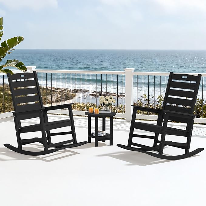 SERWALL Outdoor Rocking Chair Set of 2, Oversized Rocking Chair with Footboard for Adults, HDPE All Weather Resistant Rocking Chairs for Patio, 350lbs Weight Capacity, Black