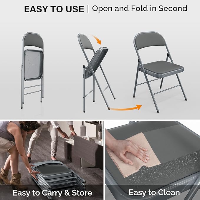 VINGLI 8 Pack Folding Chairs with Padded Seats, Metal Frame with Pu Leather Seat & Back, Capacity 350 lbs, Gray