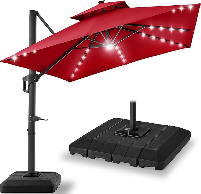 Best Choice Products 12x12ft LED Cantilever Patio Umbrella w/Base Included & 360° Rotation, Large Solar Offset Hanging Outdoor Sun Shade for Deck, Backyard Table w/Stand & Lights – Red