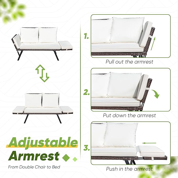Greesum Outdoor Sofa, Woven Rattan Patio Furniture, Convertible Daybed or Double Chair with Adjustable Armrests, Cushions and Pillows for Yard, Porch, Pool, Brown Lounger & Beige Pillowcase