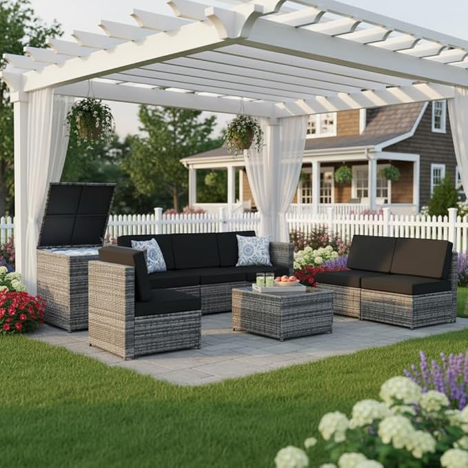 Tangkula 8 Pieces Wicker Patio Furniture Set with Storage Deck Box, PE Rattan Outdoor Sectional Sofa Conversation Set with Coffee Table & Cushions, Outside Furniture for Garden Yard Poolside (Black)
