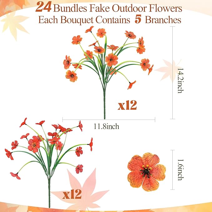MACTING 24 Bundles Artificial Fall Flowers for Outdoors Faux Mums Outdoor Plants UV Resistant Fake Silk Flowers for Planters Patio Garden Porch Indoor Outside Autumn Thanksgiving Decor,Orange & Red