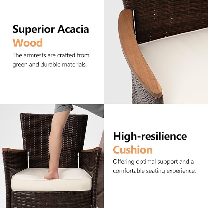RoyalCraft 5 Piece Patio Wicker Dining Sets for 4, Water-Resistant Rattan Outdoor Dining Table and 4 Chairs with Wood Table Top, Conversation Set for Deck, Garden, Backyard, Removable Cushions, Brown
