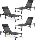 4 Pack Foldable Chaise Lounge Chair with Cup Holder, Assemble-Free Outdoor Lounge Chair with Detachable Pillow and 6 Adjustable Backrest, Patio Lounge Chair for Outside Poolside Beach Pool, Black