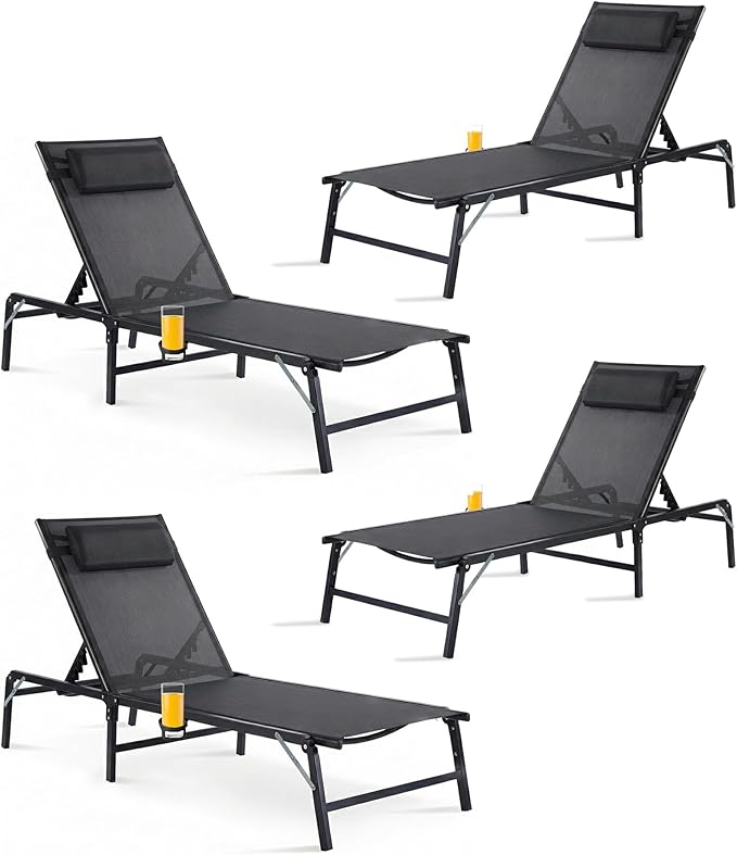 4 Pack Foldable Chaise Lounge Chair with Cup Holder, Assemble-Free Outdoor Lounge Chair with Detachable Pillow and 6 Adjustable Backrest, Patio Lounge Chair for Outside Poolside Beach Pool, Black