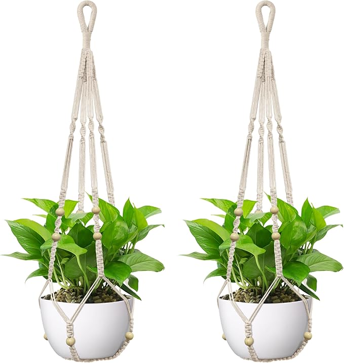 USLAI Macrame Plant Hanger Indoor Outdoor, Fits 4 to 15 Inch Pots, Strong Hanging Planter Holder, Boho Home Decor, 35 Inch, Ivory, Set of 2 (POTS NOT Included)