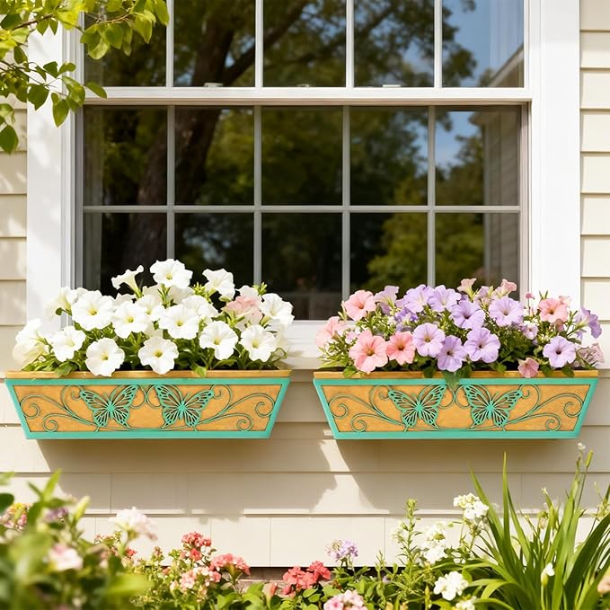 4 Pack 24 Inch Window Boxes Planter Railing Planters Box with Adjustable Brackets for Porch Deck Balcony Hanging Butterfly Decorative Flower Baskets & Non-Woven Fabric Liner for Outdoor Plants - Green