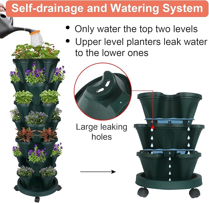 GameXcel Vertical Planter 7 Tier Stackable Planters Garden Planters Strawberry Herb Flower and Vegetable Planter Indoor Outdoor Gardening Pots with Removable Wheels and Tools - Green