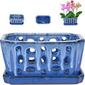 W&W Orchid Pot with Holes and Saucer for Repotting, White and Blue, 9.7 Inch