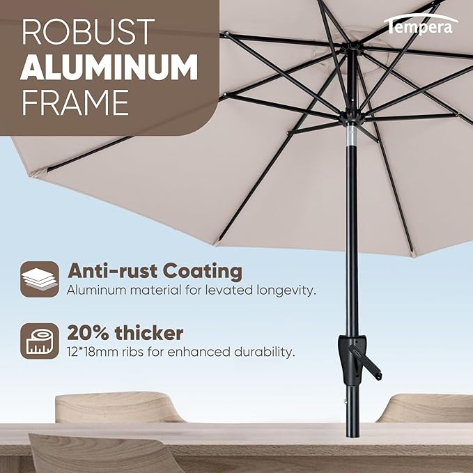 Tempera Patio Market Outdoor Table Umbrella with Auto Tilt and Crank, Large Sun Umbrella with Sturdy Pole & Fade Resistant Canopy, Easy to Set
