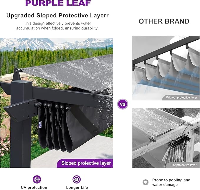 PURPLE LEAF Outdoor Retractable Pergolawith Curtains 10' x 13' Patio Aluminum Pergola with Sun Shade Canopy for Backyard Deck Garden Modern Metal Grill Gazebo, Gray
