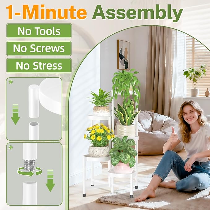 iDavosic.ly Plant Stand Indoor Outdoor, 5 Tier Corner Metal Flower Display Holder Shelf, Easy Assembly Folding Tall Orchid Rack for Patio Balcony Porch Garden Living Room House, White