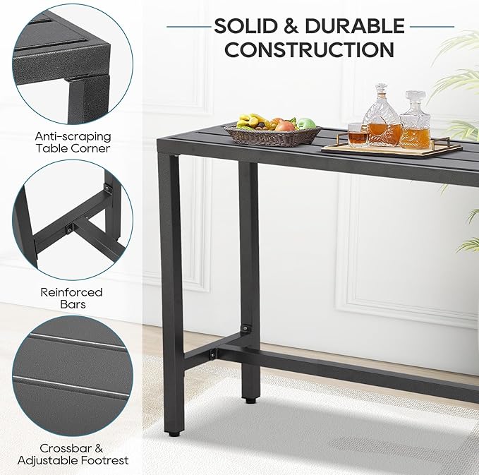 Outdoor Bar Table, Patio Console Pub Height Tables with Powder Coated Steel Frame, Weather Resistant Waterproof Top for Hot Tub, Balcony, Garden, Yard, Poolside (63" Bar Table, Grey)