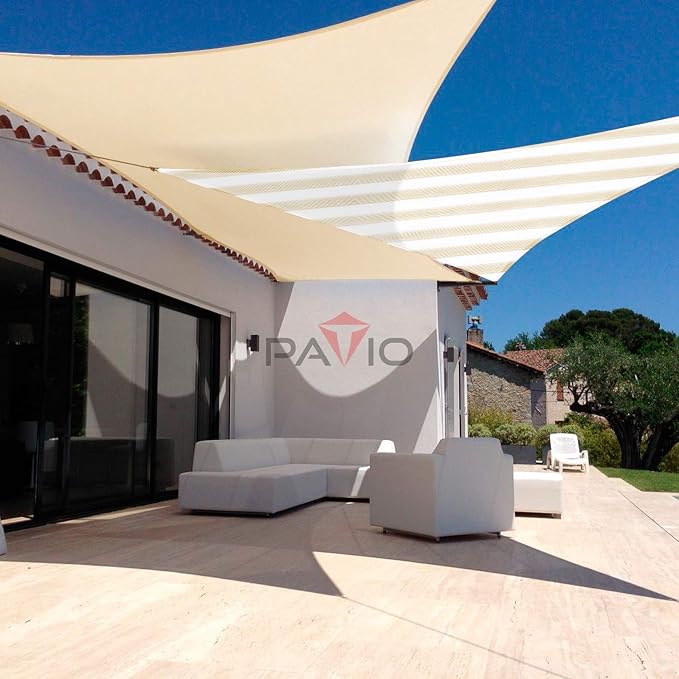 Patio Paradise 15' x 15' x 15' Sun Shade Sail Triangle Canopy Shade Cloth Fabric Sunlight Block Patio Pergola Cover HDPE Deck Awning for Outdoor Backyard Roof Shading, Beige White Strip