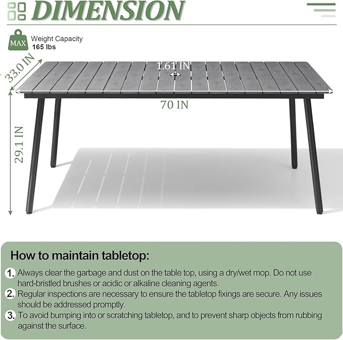 70" Patio Outdoor Dining Table for 6, Weather-Resistant Aluminum Frame with Wood-Grain Top & Umbrella Hole for Deck Gatherings, Grey
