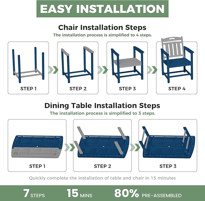 HDPE Outdoor Patio Dining Set with Table & 6 Chairs, All-Weather 7-Piece Outdoor Table and Chairs, 2" Umbrella Hole, Patio Furniture for Garden, Backyard, Deck | Navy Blue