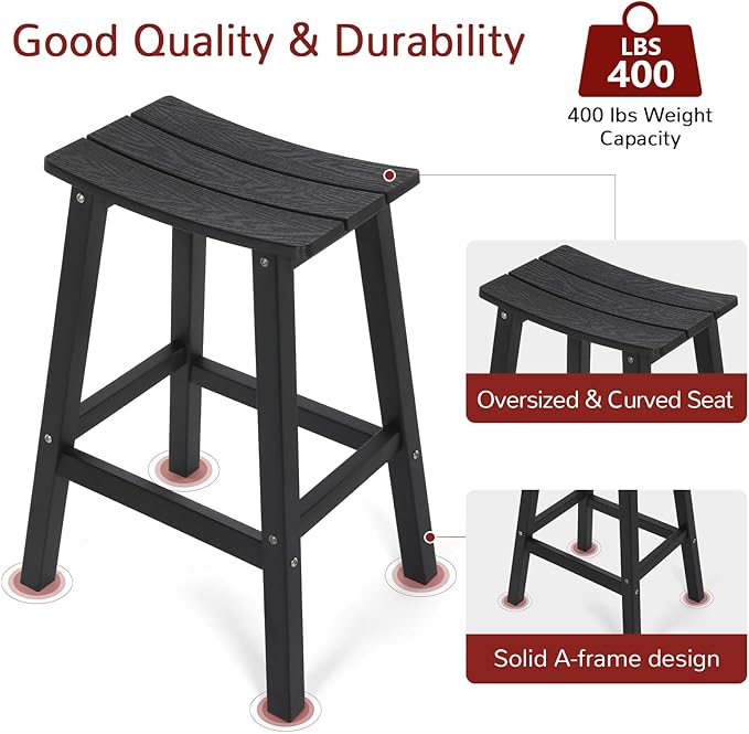 Stoog All-Weather Bar Stools Set of 2, 28" Height Outdoor Bar Stools with 400 lbs Weight Capacity, Low Maintenance, for Patio, Deck, Kitchen Counter, and Garden, Black