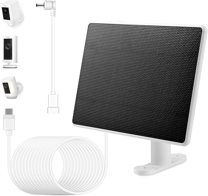 Solar Panel for Ring Camera, 6W Solar Charger Compatible with Rings Spotlight Cam/Plus/Pro/Rings Stick Up Cam Batterys, 10ft Long Cable with USB-C to Ring Barrel Plug Adapter