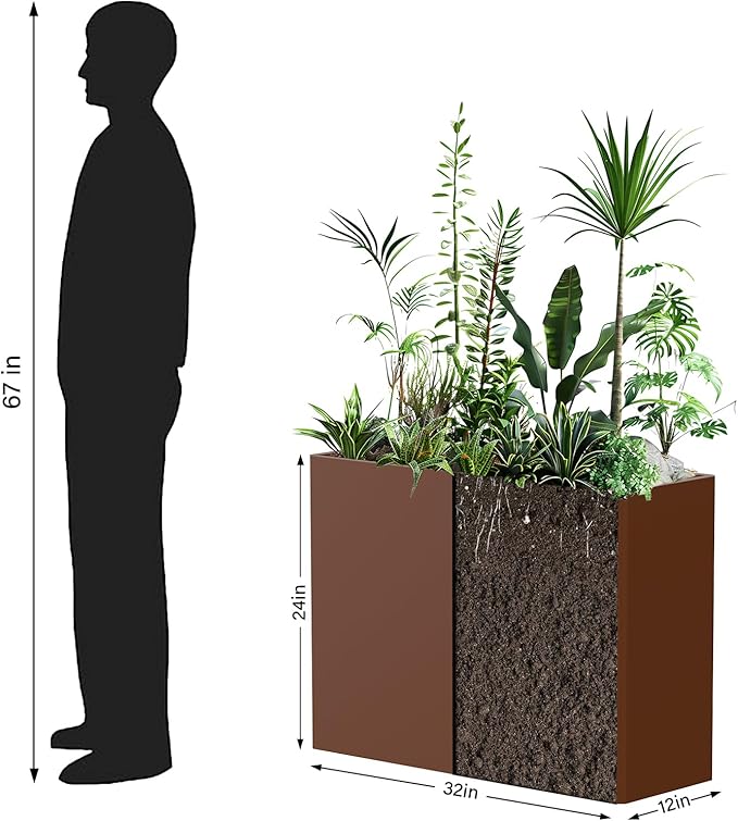 Galvanized Steel Planter Box with Removable Insert Shelf - 32x12x24 Inches Tall Planters for Outdoor&Indoor, Coffee