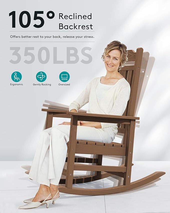 SERWALL Oversized Rocking Chair Set of 2 Outdoor, HDPE Outdoor Rocking Chair Set of 2, Brown