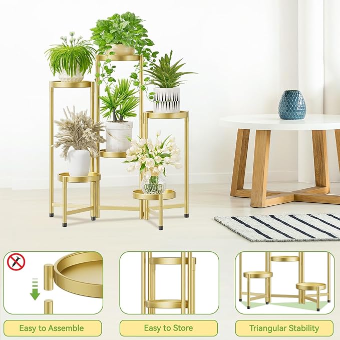 iDavosic.ly Plant Stand Indoor Outdoor, 6 Tier Corner Metal Flower Display Holder Shelf, Easy Assembly Folding Tall Orchid Rack for Patio Balcony Porch Garden Living Room House, Gold