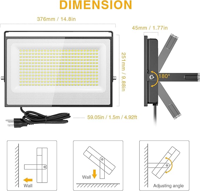 Onforu 300W Flood Lights Outdoor,30000lm Bright LED Work Light with Plug,6500K Daylight White LED Stadium Lighrs,IP66 Waterproof Security Yard Lights for Yard Garage Stadium 2 Pack