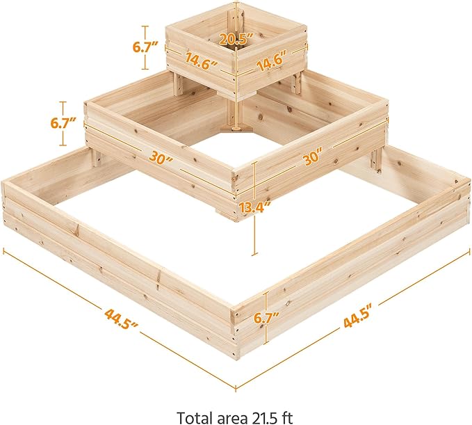 Yaheetech 3 Tier Wooden Raised Garden Bed 44.5'' L×44.5″ W×20.5″ H, Horticulture Open-Bottom Planter Raised Garden Bed for Flowers/Herbs/Vegetables Planter Flower Box