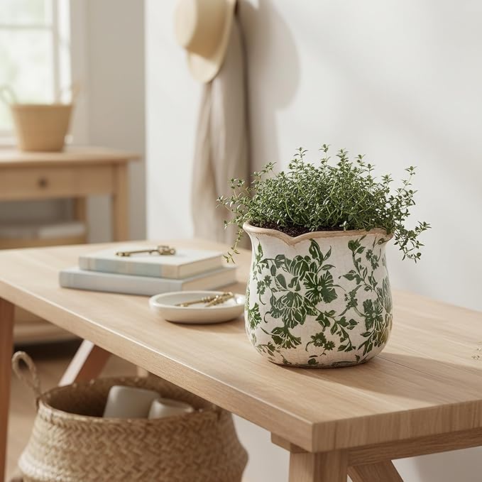 Tuscan Ceramic Plant Pots, 6.11 Inch Vintage Planters with Drainage Hole for Indoor Plants, Farmhouse Green Scroll Vase & Flower Pots, Home Kitchen Garden Decor, Plant Lover Gifts