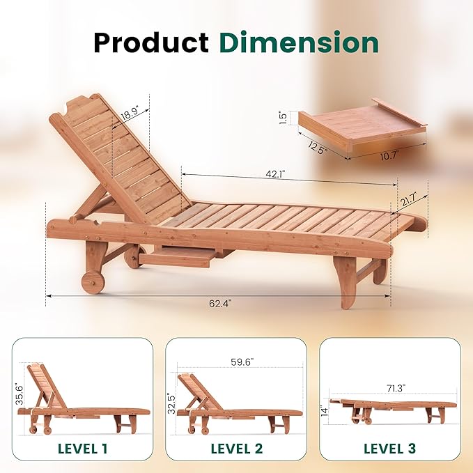 Wooden Chaise Lounge Chair, 3-Position Adjustable Outdoor Tanning Chair with Hidden Side Tray & Wheels, Poolside Patio Sun Chair
