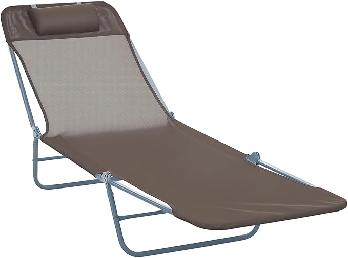 Outsunny Folding Chaise Lounge Chair, Pool Sun Tanning Chair, Outdoor Lounge Chair with Reclining Back, Breathable Mesh Seat, Headrest for Beach, Yard, Patio, Brown