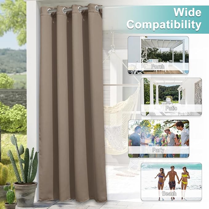 NICETOWN Morandi Brown Outdoor Curtain for Patio Waterproof 84 inch Long, Stainless Grommet Thermal Insulated Sun Blocking Outdoor Drape for Gazebo, UV Protection Outside Privacy Shade, 1 Panel