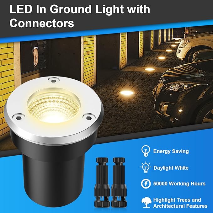 LED Landscape Lights, 12 Pack 7W Ground Lights With 24 Connectors, Low Voltage In-Ground Well Pathway Lighting, Daylight White, Waterproof for Driveway, Deck, Garden