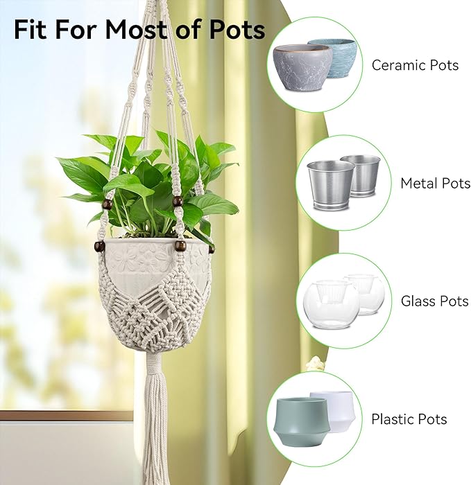 USLAI Macrame Plant Hanger Indoor Outdoor, Fits 3 to 6.5 inch Pots, Hanging Planter Holder with Beads and Tassels, Boho Home Decor, 35+35 Inch, Ivory (POTS NOT Included)