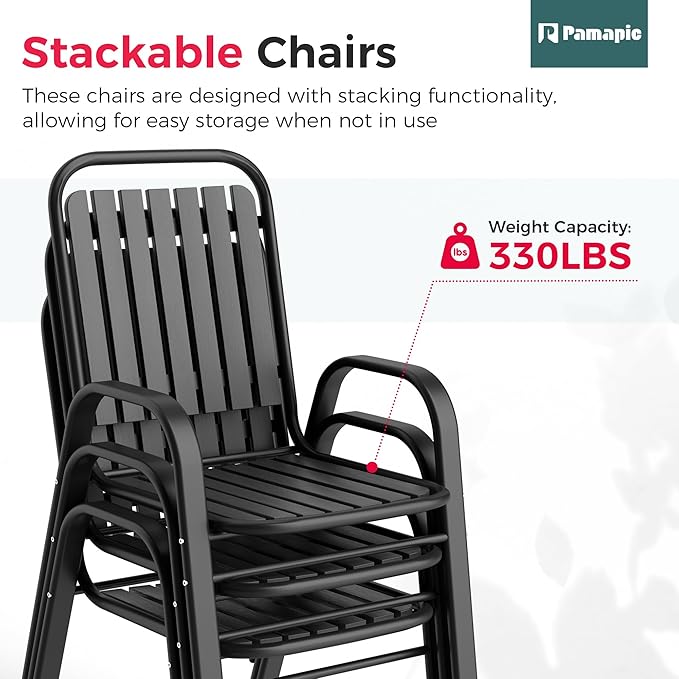 Pamapic Outdoor Dining Sets for 6, Rectangular Steel Slat Table with 6 Plastic Chairs, 7 Piece Patio Table and Chairs Set with Adjustable Umbrella Hole for Garden, Backyard, Poolside (Black)
