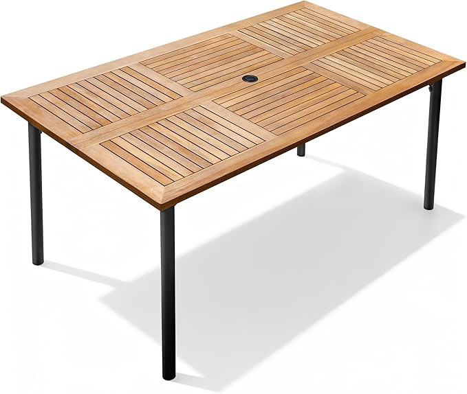 Flamaker Acacia Wood Patio Outdoor Dining Table for 6, Outdoor Table with Umbrella Hole and Metal Legs for Garden, 63’’L x 36’’ W x 30’’ H