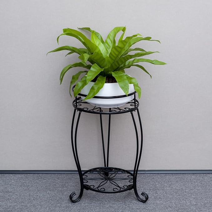 FaithLand 2 Pack Plant Stands, Heavy Duty Metal Planter Holder Indoor Outdoor, 2 Tier Round Potted Supports Rack, Corner Display Shelf Black