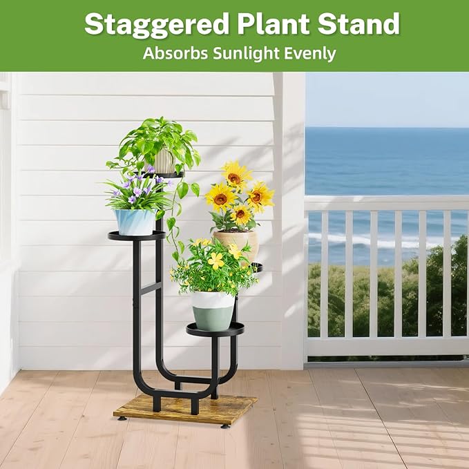 iDavosic.ly 4 Tier Plant Stand Indoor, Corner Tiered Multiple Flower Holder Shelf with Metal Trays, Orchid Display Wooden Rack for Patio Porch Living Room Balcony Outdoor, Modern Black & Rustic Brown