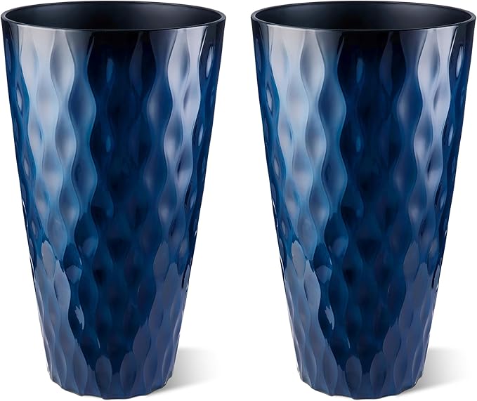 Glitzhome 23.75" H Tall Outdoor Planter, Set of 2 Wavy Texture Cobalt Blue Large Outdoor Planters, with Drainage Hole, Plastic Large Round Decorative Flower Plant Pot for Front Porch, Indoor