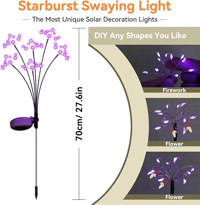 Solar Garden Lights 2 Pack Waterproof Solar Swaying Starburst Light Outdoor Lights for Yard Patio Walkway Pathway Party Wedding Christmas Decoration, Purple