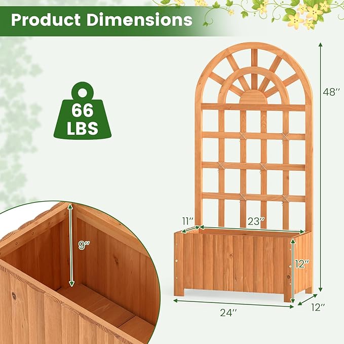 Giantex Wooden Raised Garden Bed with Arched Trellis Set 2, 48” Fir Wood Outdoor Elevated Planter Box Privacy Screen w/Drainage Hole, Vertical Garden Bed for Climbing Plants, Patio Balcony Backyard