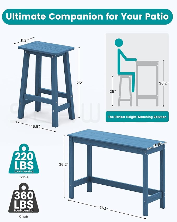 SERWALL 3-Piece Outdoor Bar Set, Rectangular All Weather HDPE Bar Height Patio Set, Outdoor High Top Table and Stools for for Outside, Poolside, Backyard, Garden, Blue