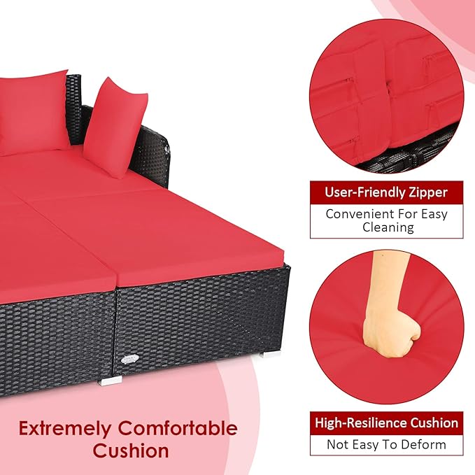 COSTWAY Outdoor Patio Rattan Daybed, Sponge Cushioned Loveseat Sofa with 4 Pillows, Wicker Furniture Sunbed for Balcony, Courtyard (Red)