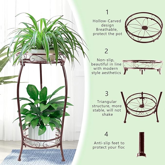 MOCORY Plant Stand Indoor Outdoor 2 Tier 27" Tall Metal Potted Holder Rack Flower Pot Stand Heavy Duty Plant Shelf Rustproof Iron Multiple Plant Round Supports Rack for Planter Corner Garden Balcony