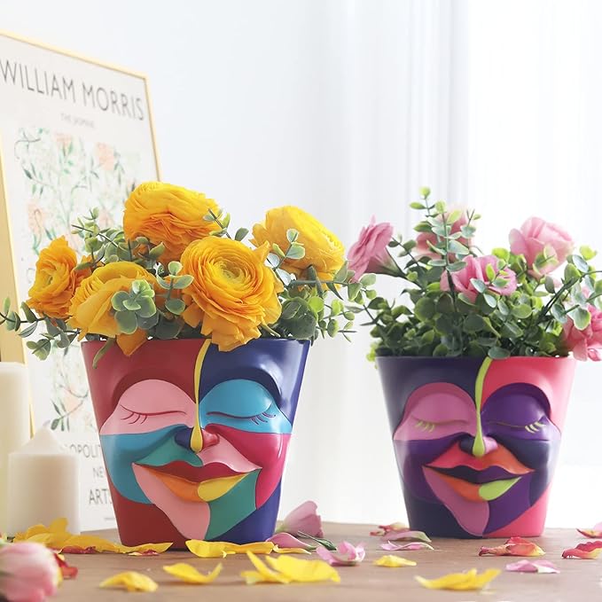 GUGUGO Abstract Rainbow Head Planter, Unique Face Plant Pot with Drainage, Cute Eclectic Flower Planters Pots for Indoor & Outdoor Plants, Colorful Funny Room Decor (Coral Red & Indigo,5.5Inch)