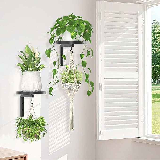 iDavosic.ly Wall Plant Holder Set of 2 for Indoor Outdoor, Metal Hanger with 2 Hooks, Floating Flower Display Stand for Window, Space Saving & Easy to Assemble (Pots/Chains/Plants Not Included), Black