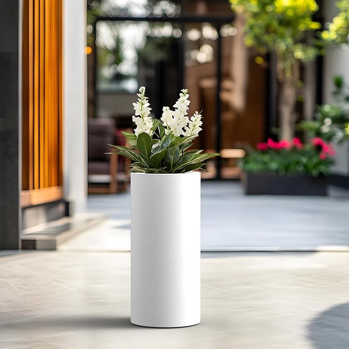 Kante 23.6 Inch Tall Cylindrical Planter, Large Round Plant Pots with Drainage Hole, Made with Concrete, Suitable for Indoor Outdoor Plants, Home Decor, White