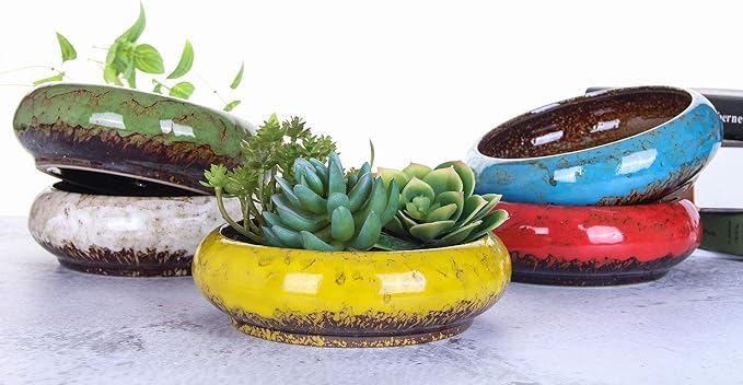 VanEnjoy 7.3 inch Round Large Shallow Succulent Ceramic Glazed Planter Pots with Drainage Hole, Bonsai Pots Garden Decorative Cactus Stand Flower Container (White)