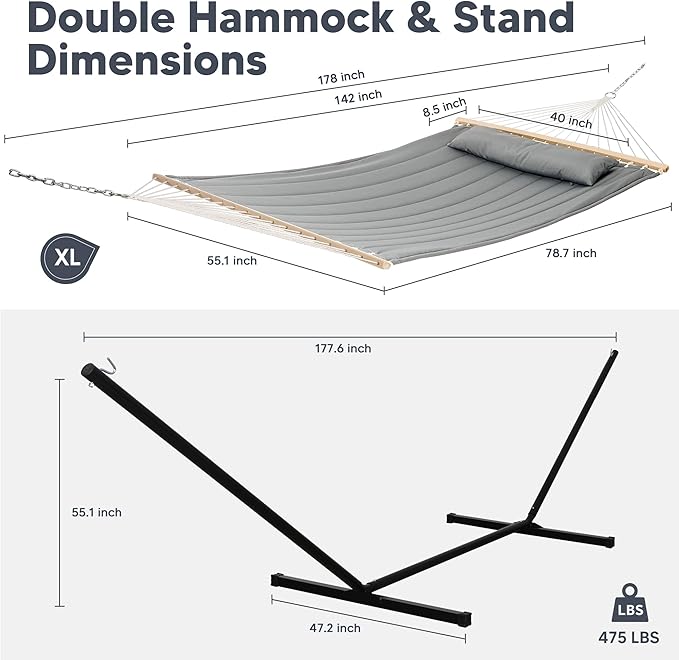 SUNCREAT Double Hammock with 15 ft Stand, Outdoor Hammock with Stand, Balance Straps, Light Gray
