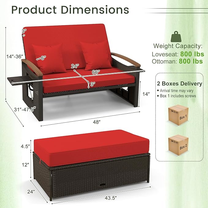 Tangkula Patio Rattan Daybed with 4-Level Adjustable Backrest, Outdoor Wicker Loveseat with Acacia Wood Armrest, Storage Ottoman & Folding Tray, Double Sunbed for Balcony, Backyard & Poolside, Red